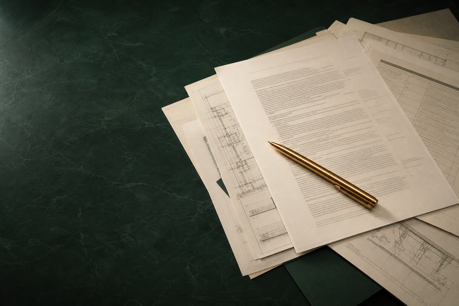 Construction contract documents spread across a desk
